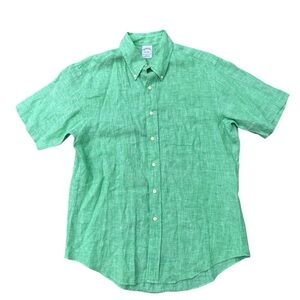 Brooks Brothers Green Polo Shirt Mens Large Slim Fit 100% Flax Linen Button Down